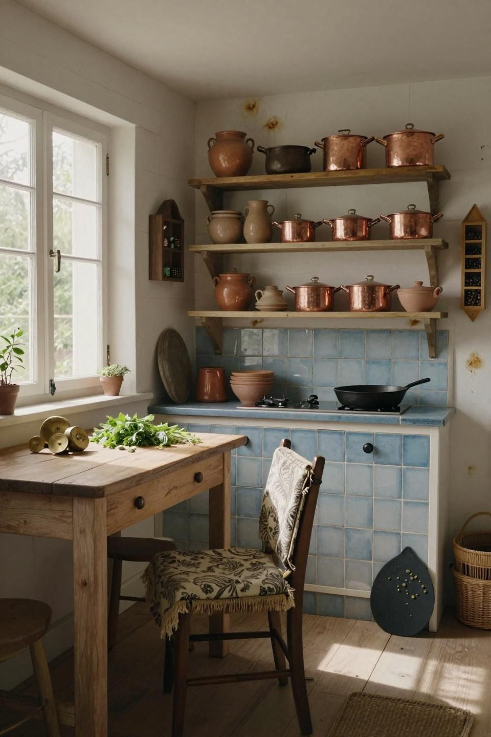 European Cottage Kitchen - whitewashed timber with copper cookware