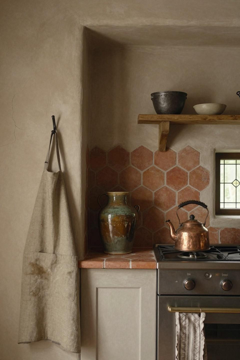 Cottage Kitchen - hand-laid terracotta hexagon backsplash