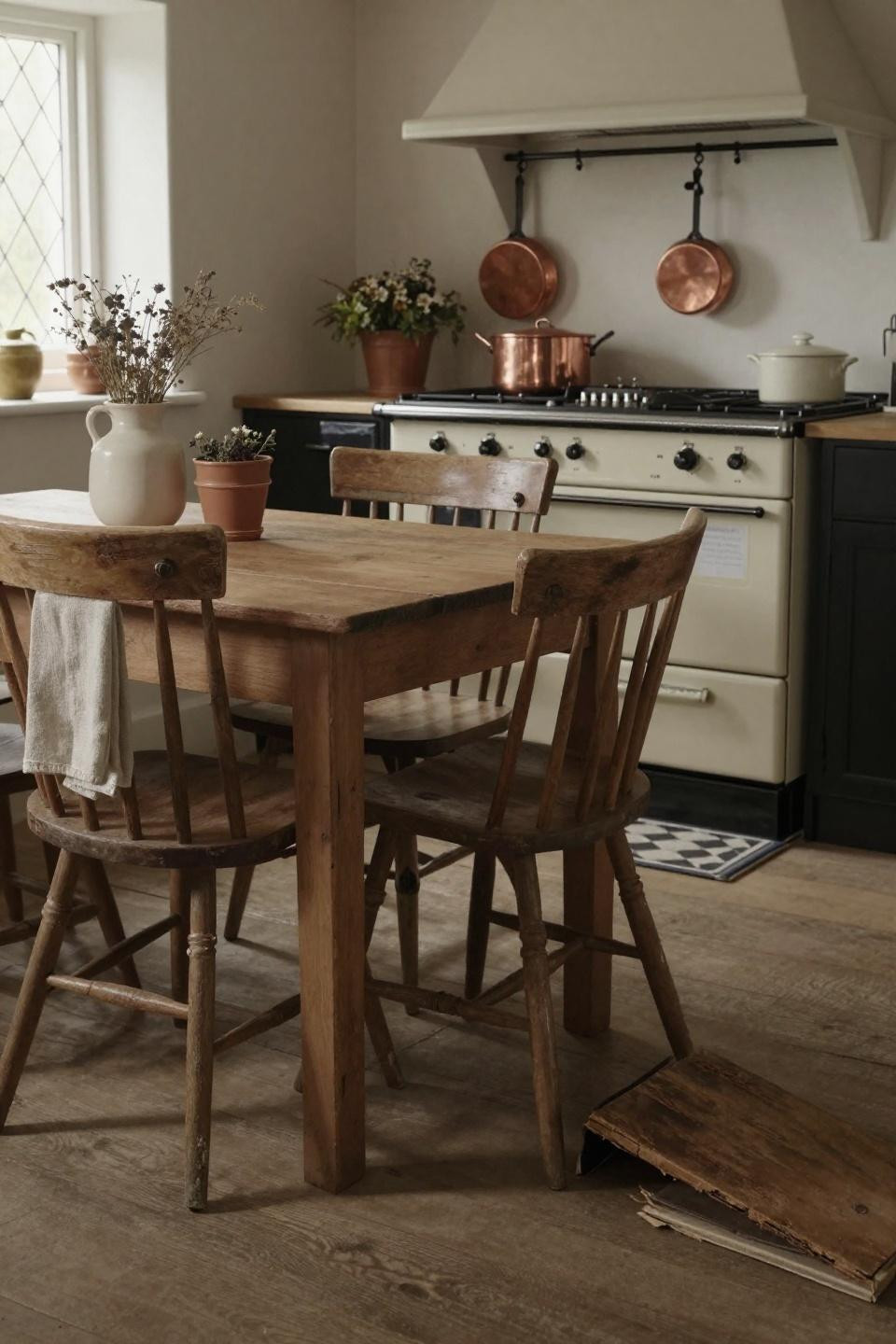 Small Cottage Kitchens - weathered oak chairs with cast-iron range
