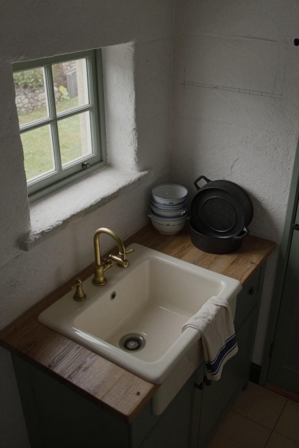 French Cottage Kitchen - whitewashed granite walls with brass tap