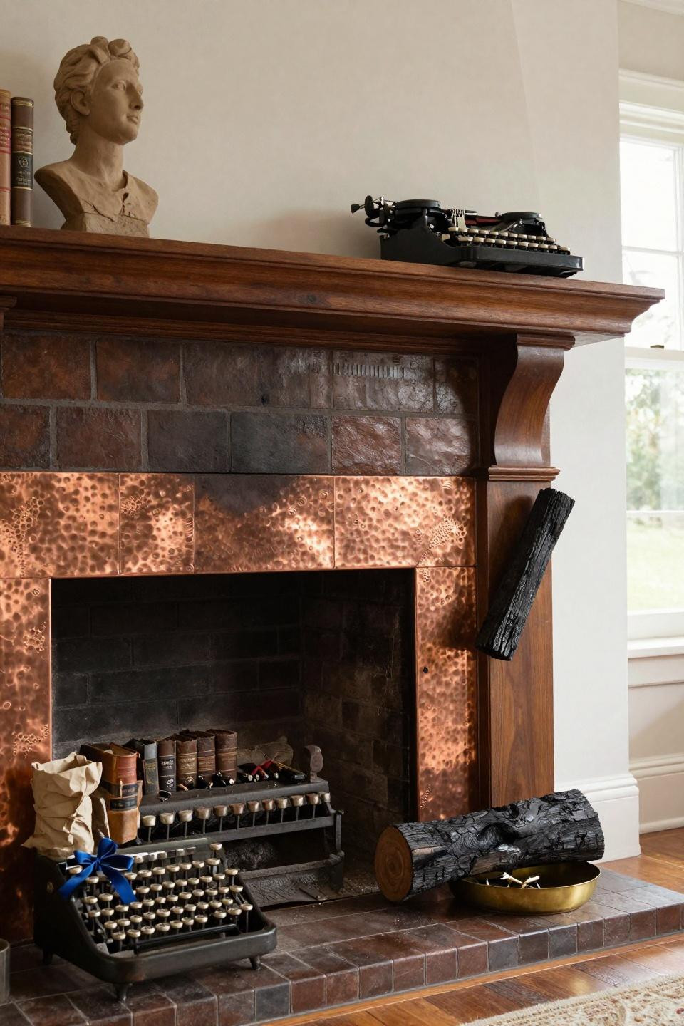 Fireplace Mantle Ideas - hand-hammered copper fireplace surround
