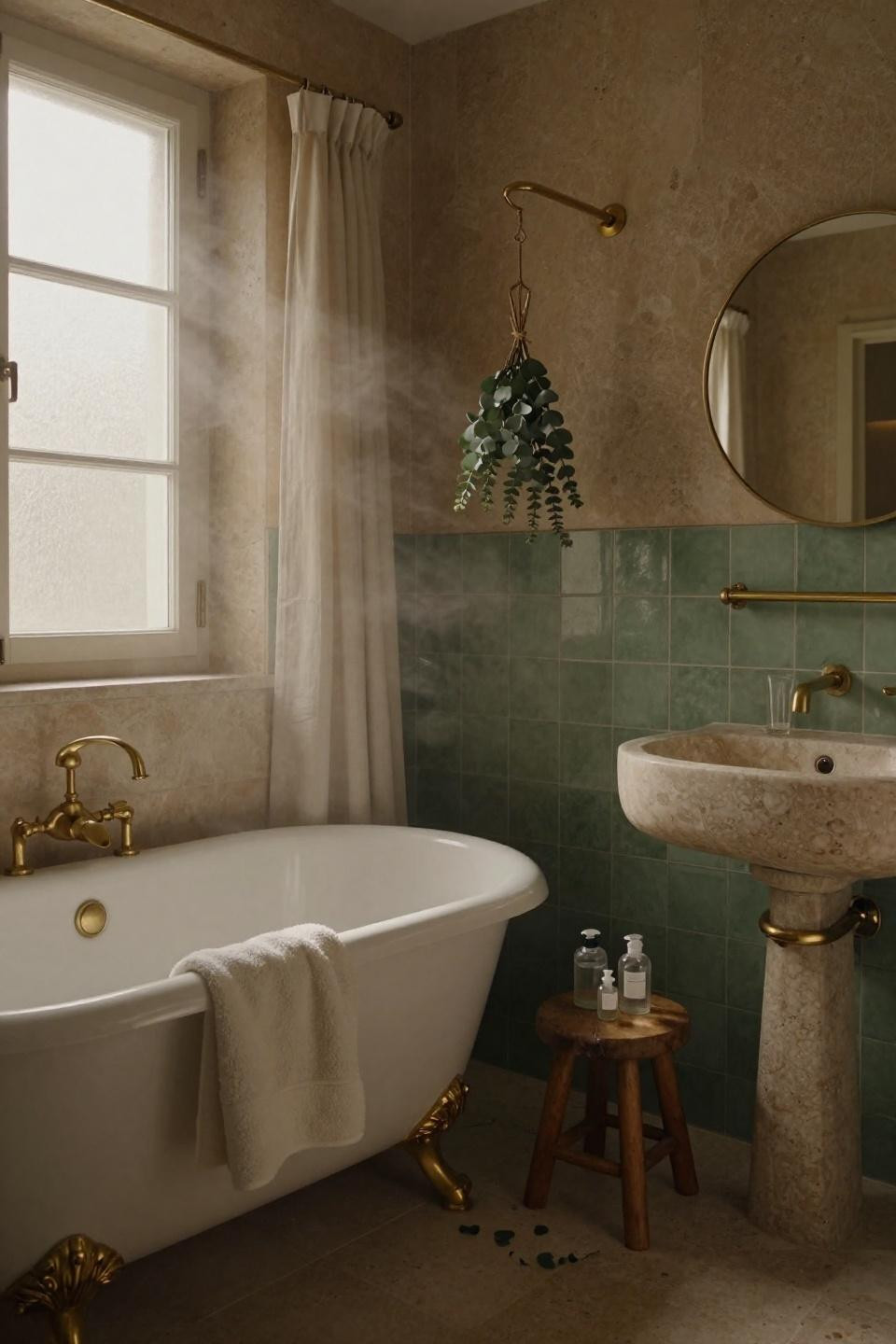 Bathroom Interior Design - vintage claw-foot tub with aged brass hardware