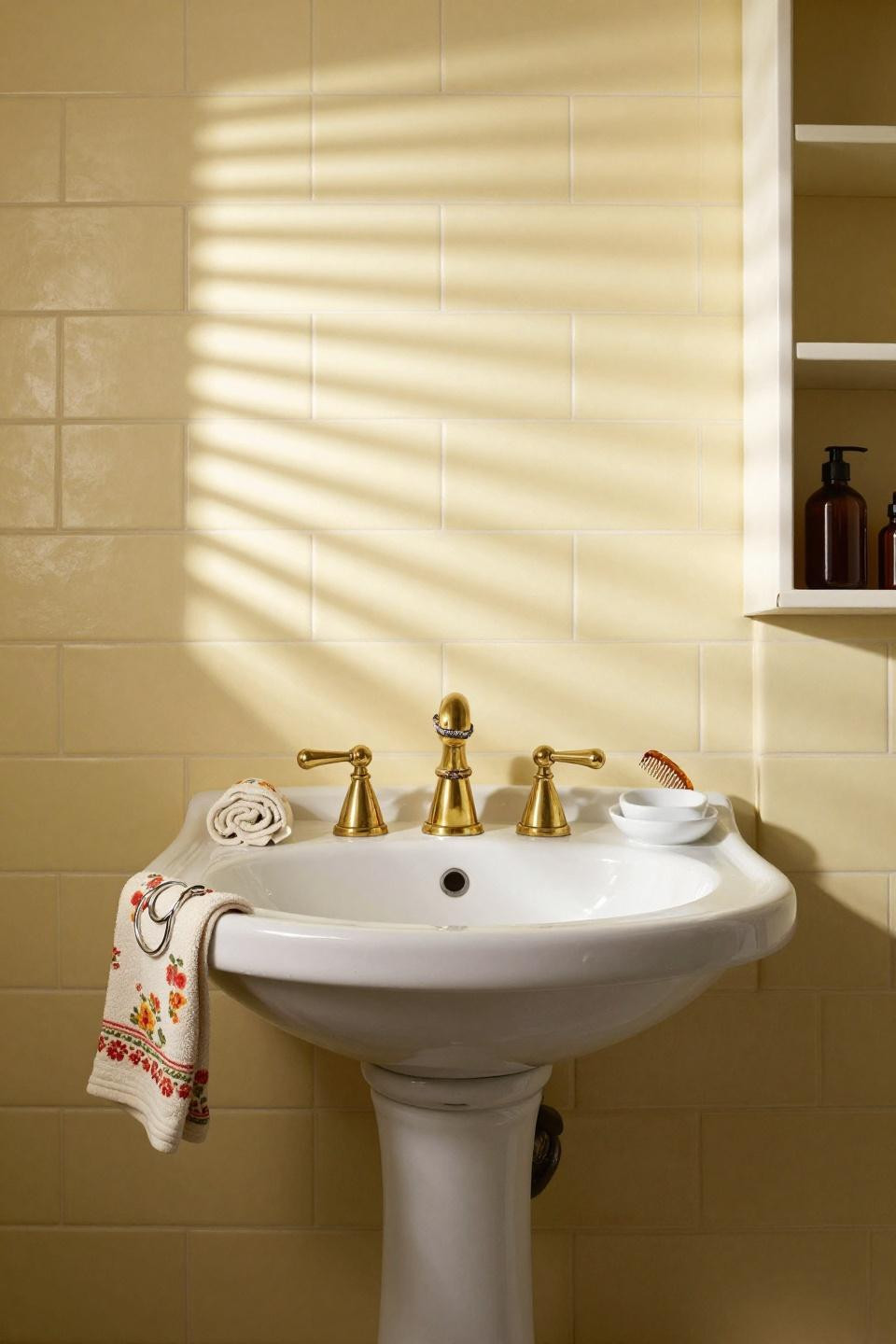 Bathroom Aesthetic - vintage chrome pedestal vanity with brass faucet