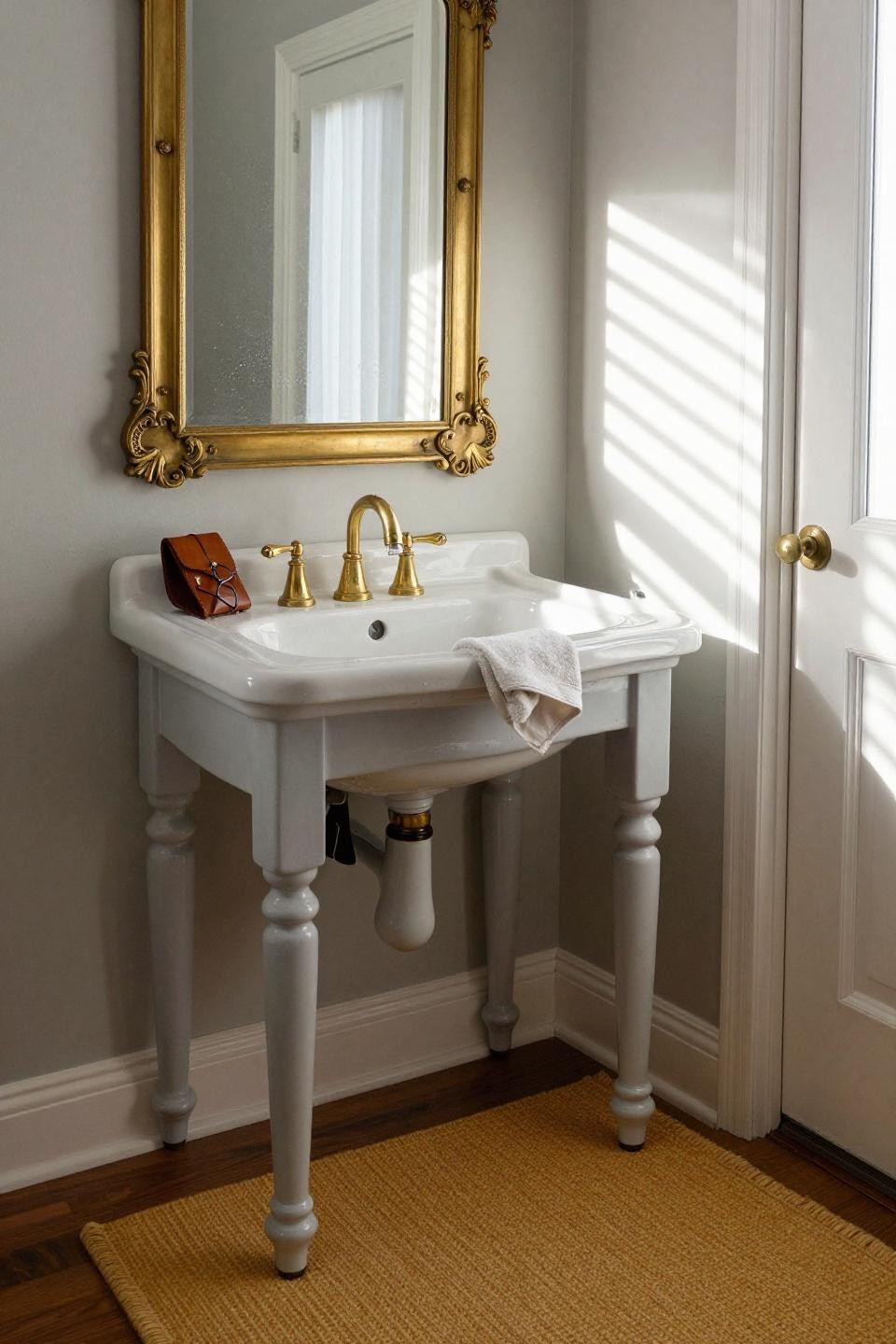 Neutral Bathroom Ideas - vintage pedestal vanity with grey limewash