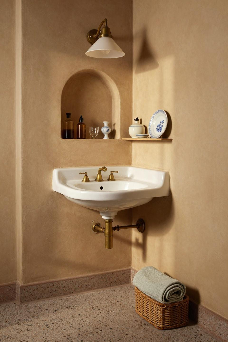 Cute Apartment Bathroom Ideas - vintage wall-mounted sink with exposed brass pipes