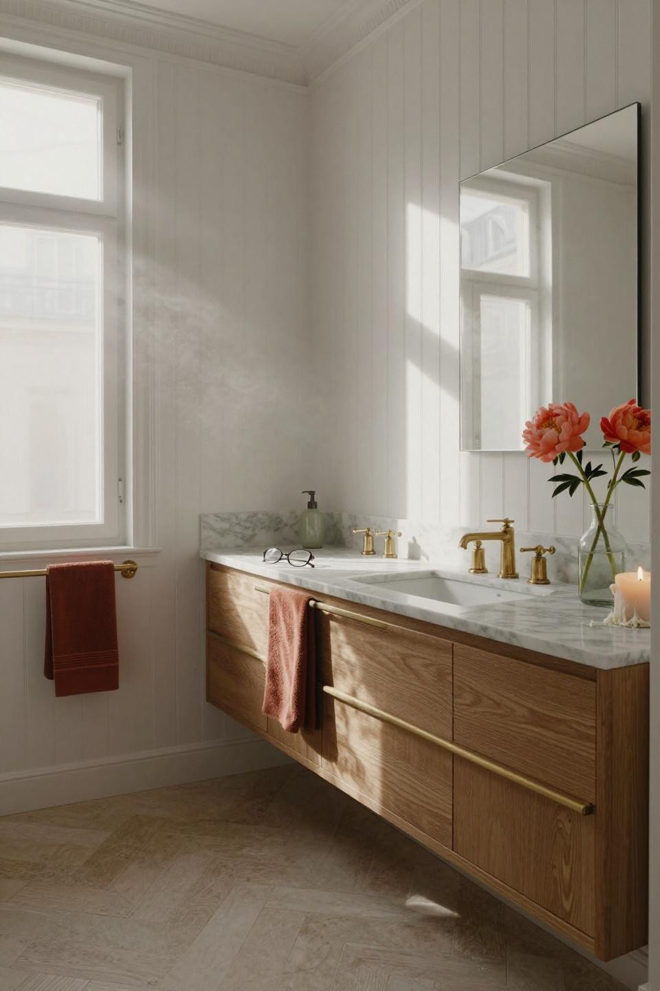 bathroom cabinets - white paneling with burnt terracotta accents