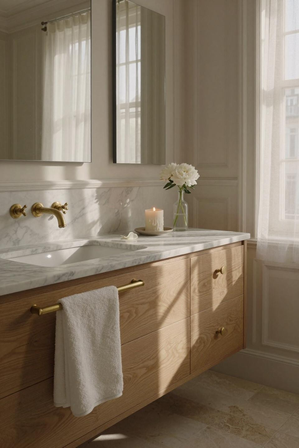 bathroom vanities ideas - white wainscoting with brass faucet