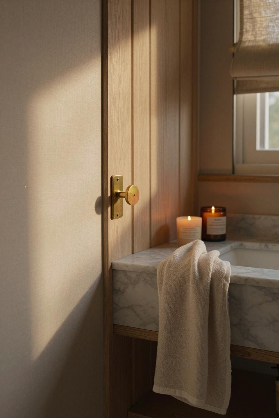 ensuite bathroom ideas - bleached walnut vanity with brass hardware