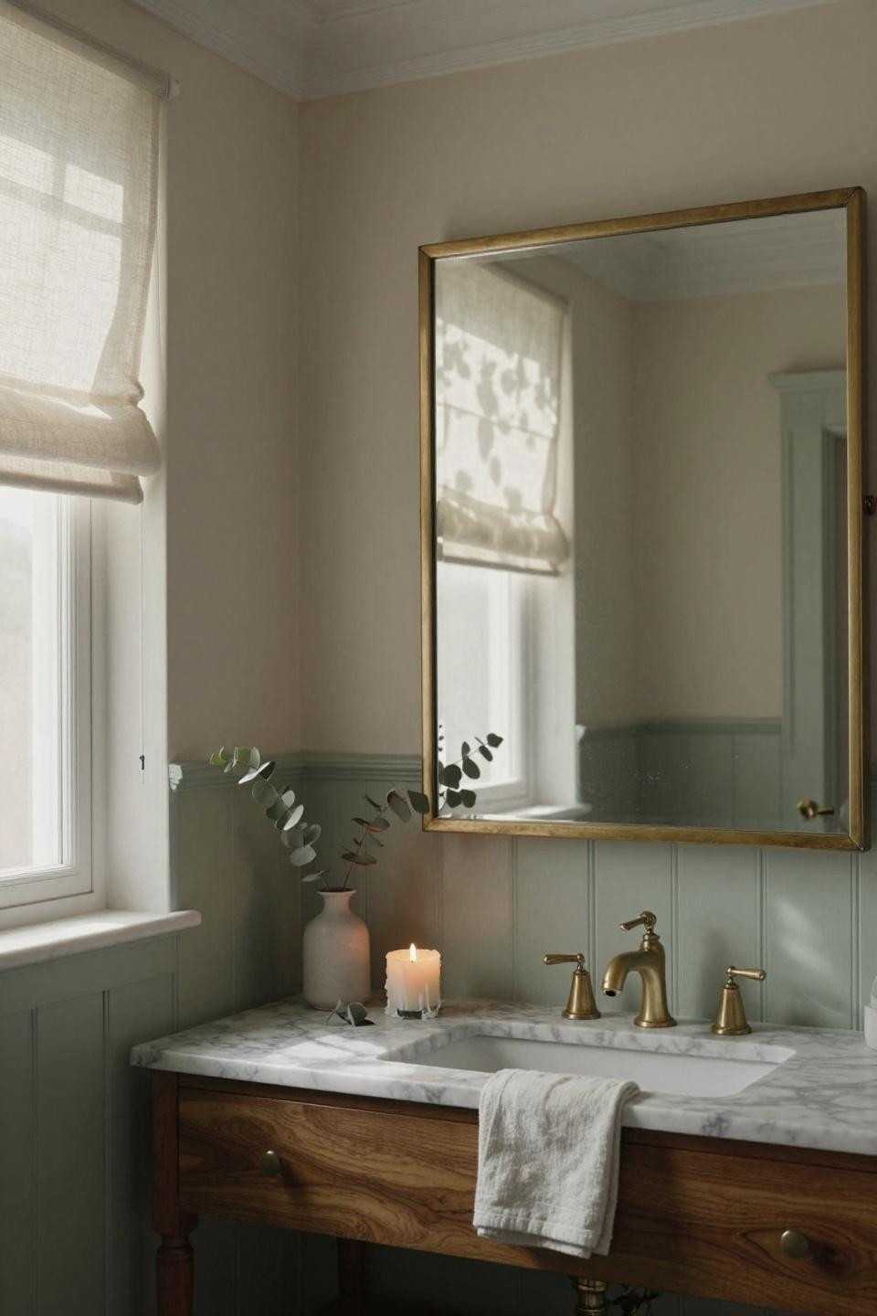 bathroom cabinets ideas - sage green wainscoting with walnut vanity