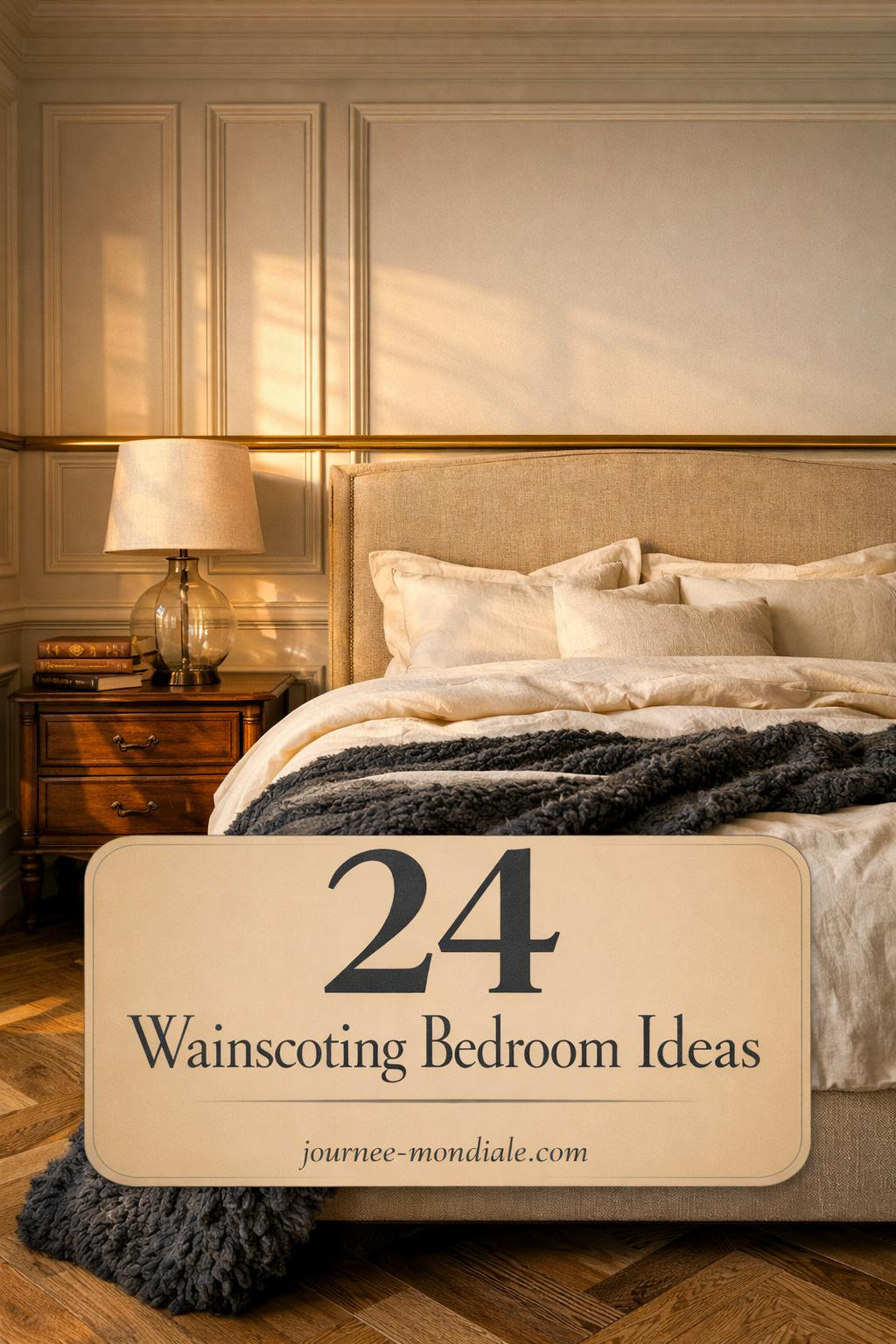 Elegant bedroom featuring white wainscoting panels with chair rail molding, neutral bedding, and classic wall paneling design