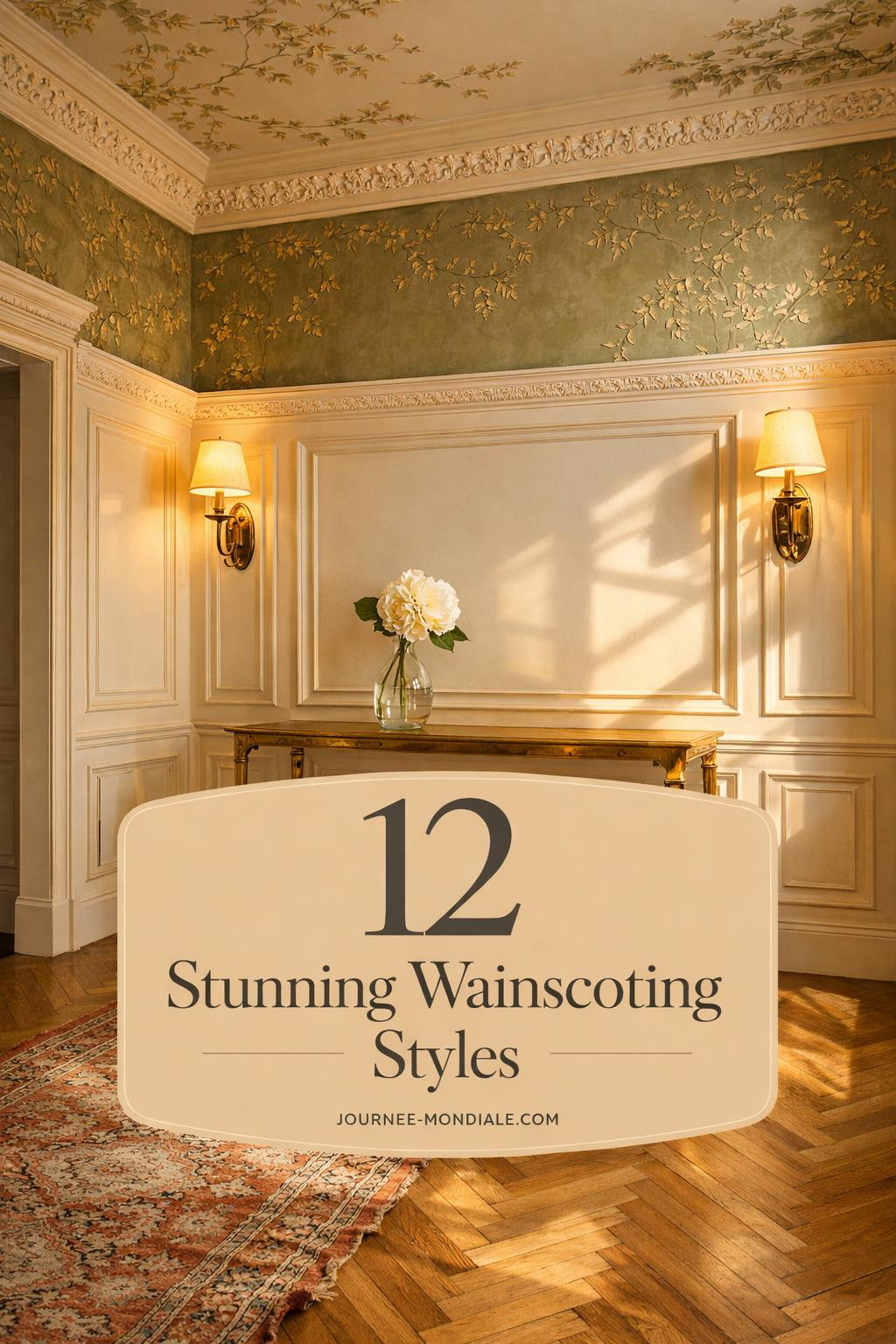 Elegant foyer featuring floor-to-ceiling raised panel wainscoting in creamy white with sage botanical wallpaper, herringbone oak floors, brass console table, and vintage Persian runner