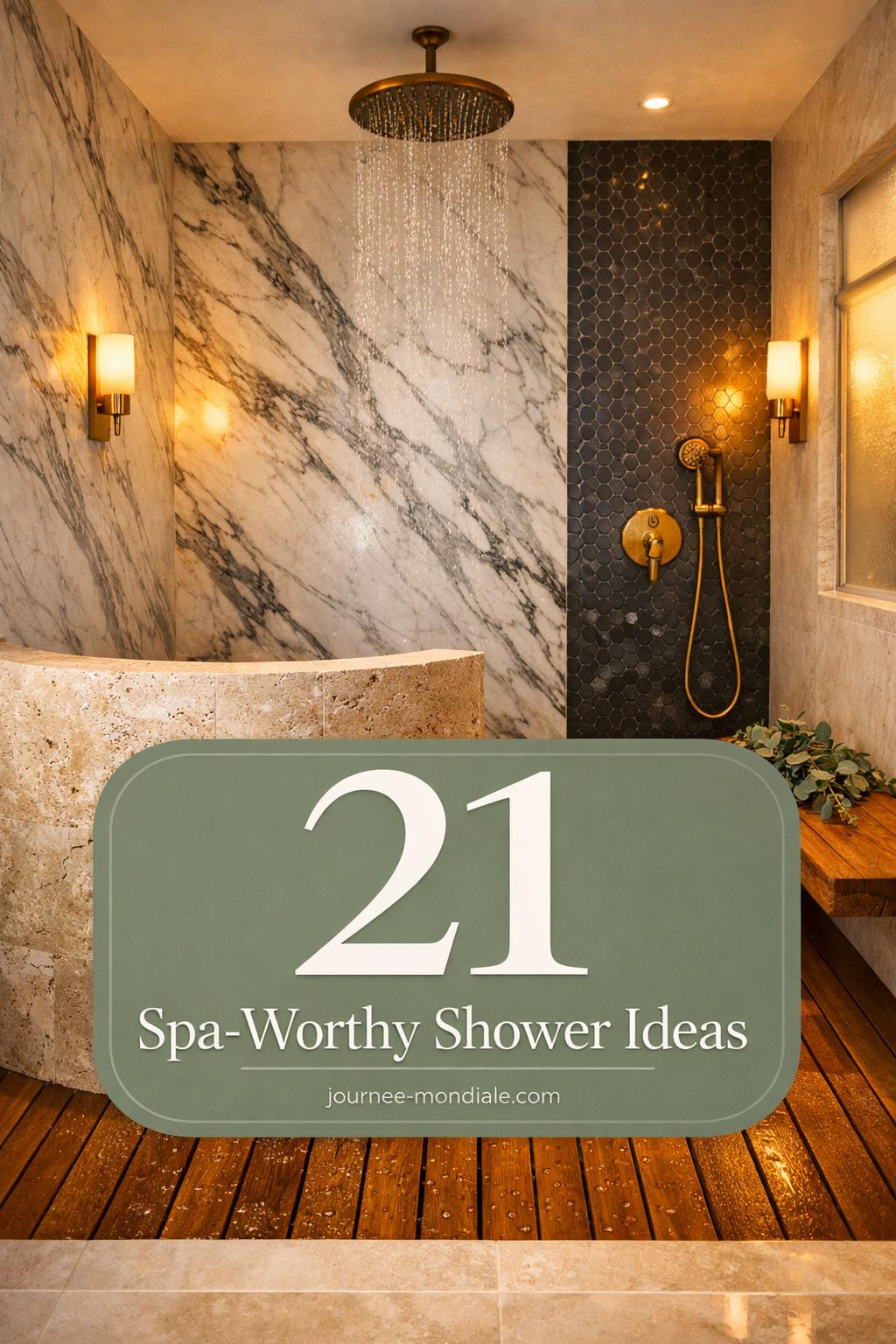 Luxurious doorless walk-in shower featuring floor-to-ceiling Calacatta marble, curved travertine half wall, teak flooring, brass rainfall showerhead, and spa-inspired design