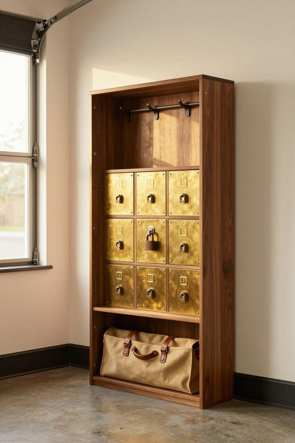 Garage Workshop Plans - walnut locker tower with brass latches