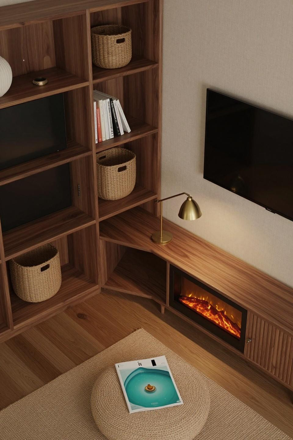 Tv Fireplace Wall Ideas Built Ins - walnut corner shelving system