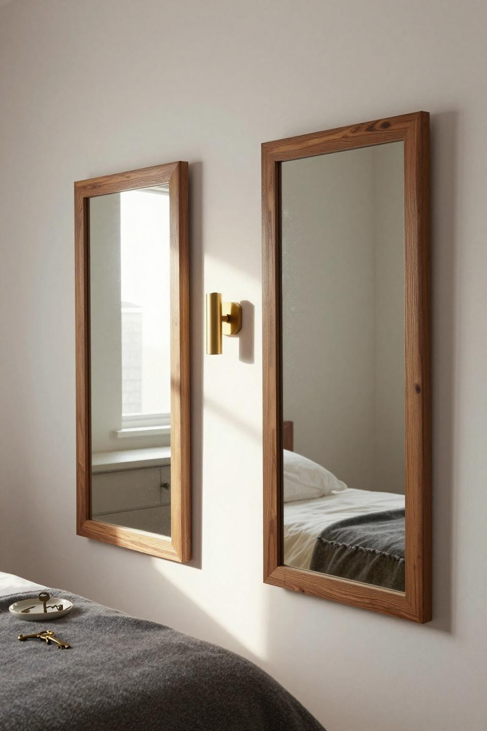 Wall Mirror Ideas Living Room - walnut mirrors with brass sconce