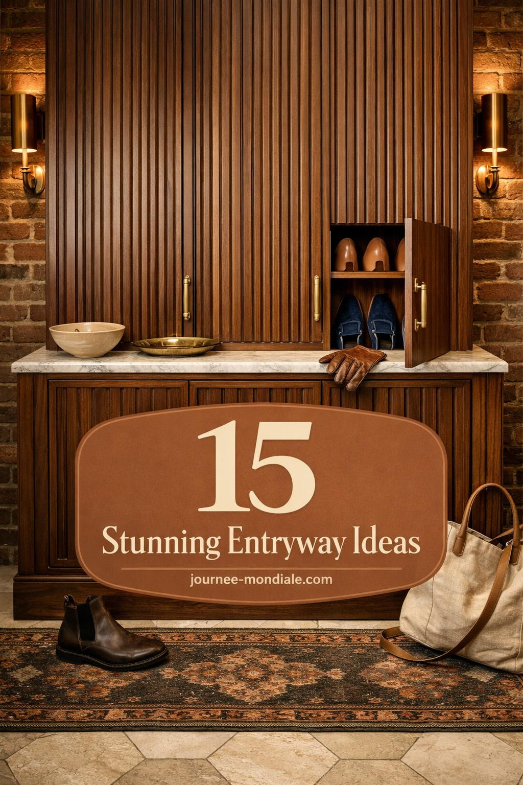 Sophisticated entryway featuring floor-to-ceiling walnut shoe cabinet with fluted doors, unlacquered brass hardware, Carrara marble top, Persian runner, and hexagonal limestone tiles