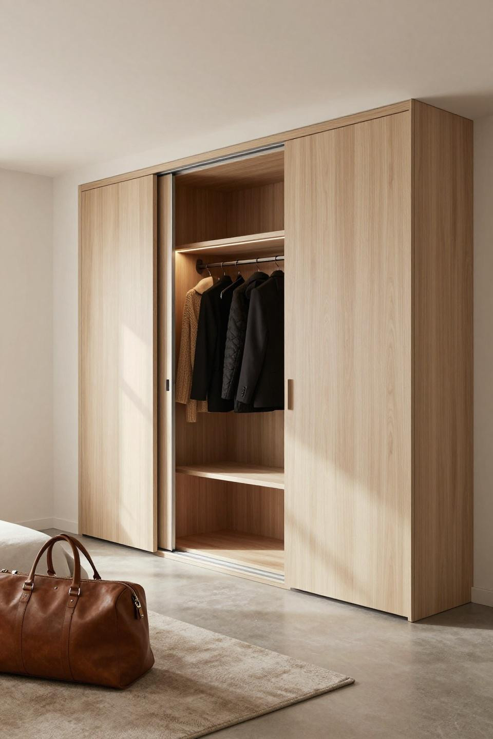 2 Sliding Door Wardrobe Design - integrated walnut platform with continuous wardrobe
