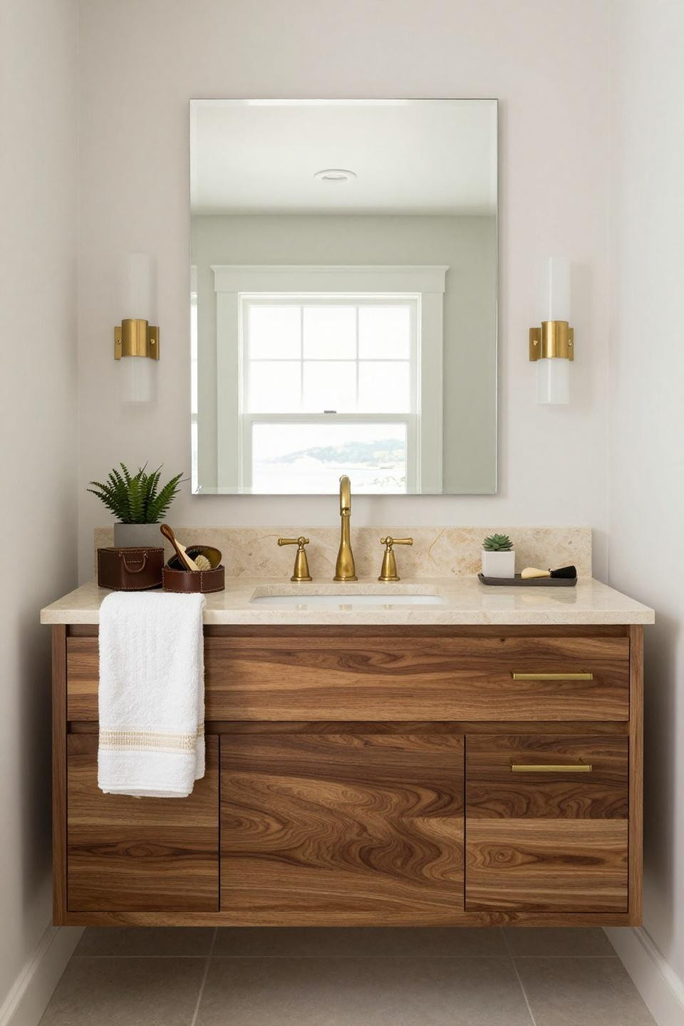 Small Full Bathroom Ideas - walnut undermount vanity with brass gooseneck faucet