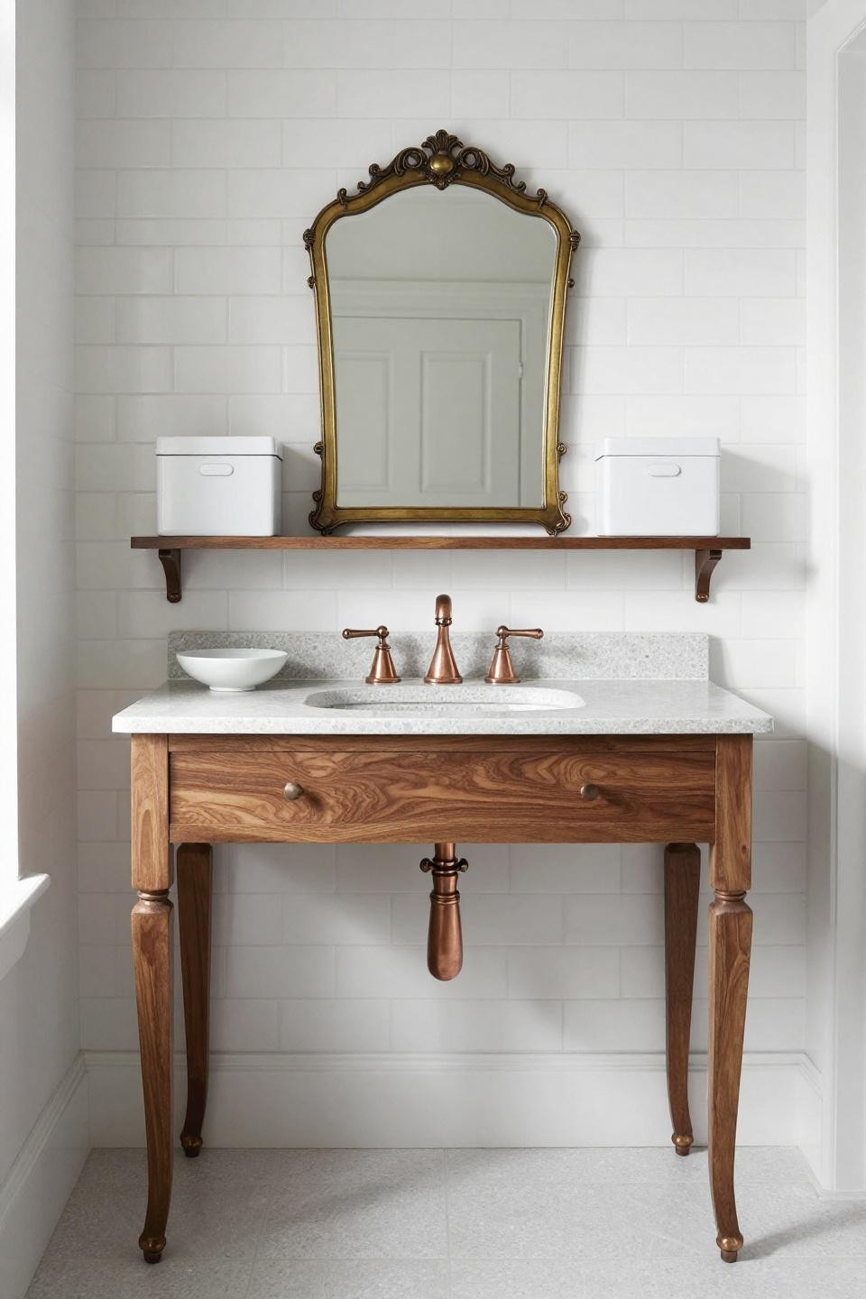 Tiny Bathroom Ideas - walnut vanity with turned legs and terrazzo countertop
