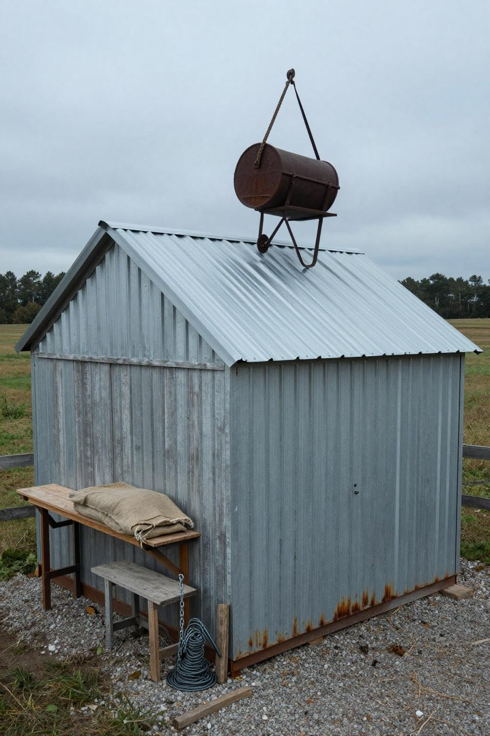 Small barn ideas - weathered lean-to equipment shelter with hemlock siding