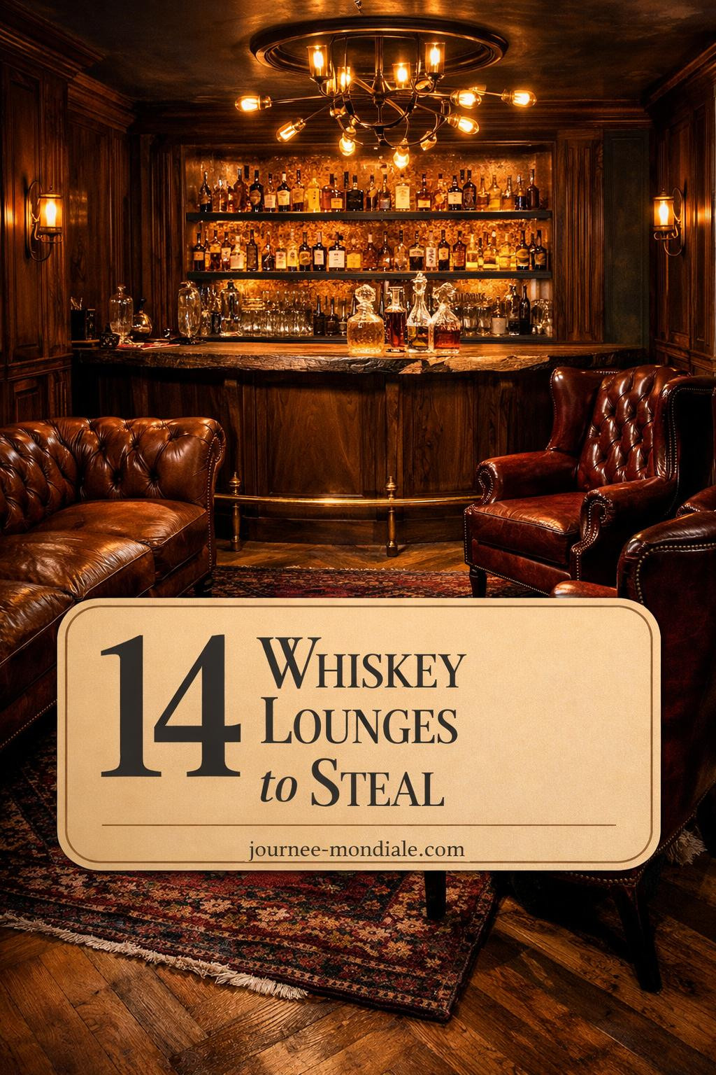 Sophisticated whiskey room interior featuring rich mahogany shelving, premium spirits display, tufted leather chairs, ambient lighting, and vintage barware in moody gentleman's lounge