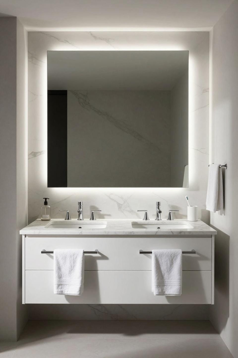 Bathroom Vanity Designs - white lacquered double vanity with Calacatta marble