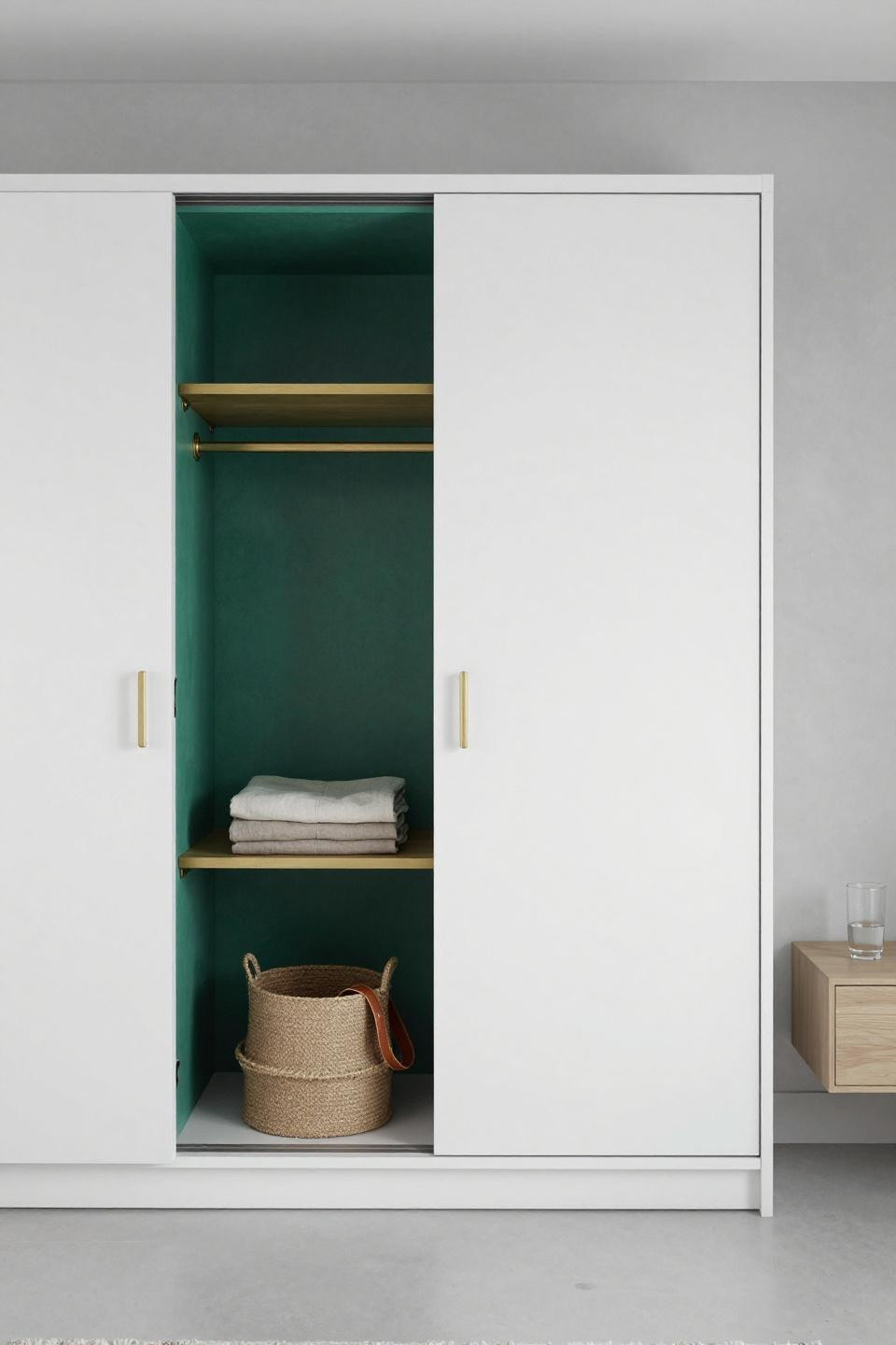 Bedroom Cupboard Designs Colour - white oak with emerald plaster interior