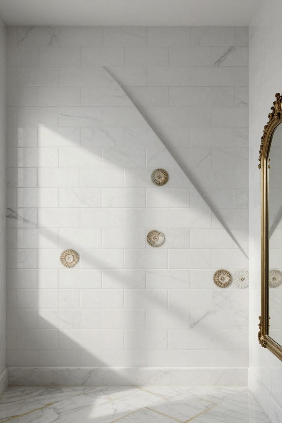 Master Bath Remodel - white subway tiles in pyramid formation with Calacatta marble floor