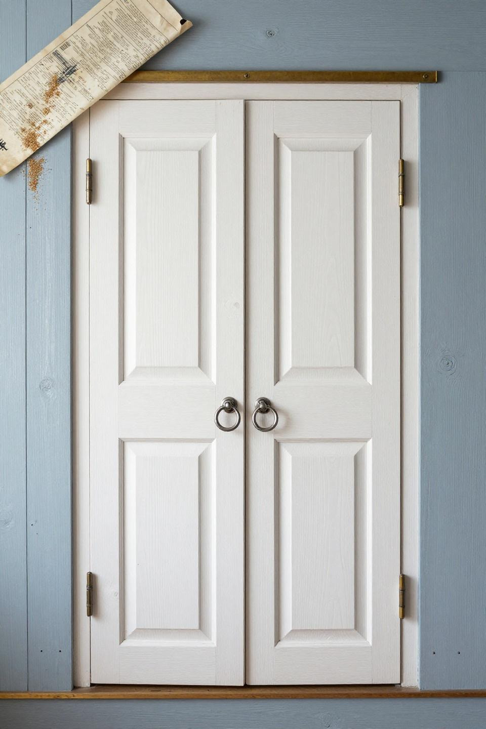 Wooden Double Front Doors Entrance - whitewashed timber with galvanized steel pulls