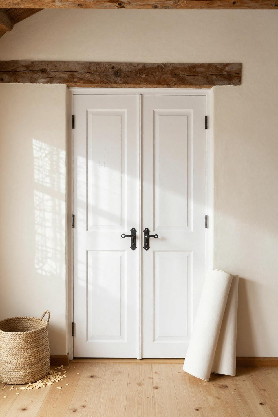 Wooden Double Front Doors Entrance - white painted six-panel geometry