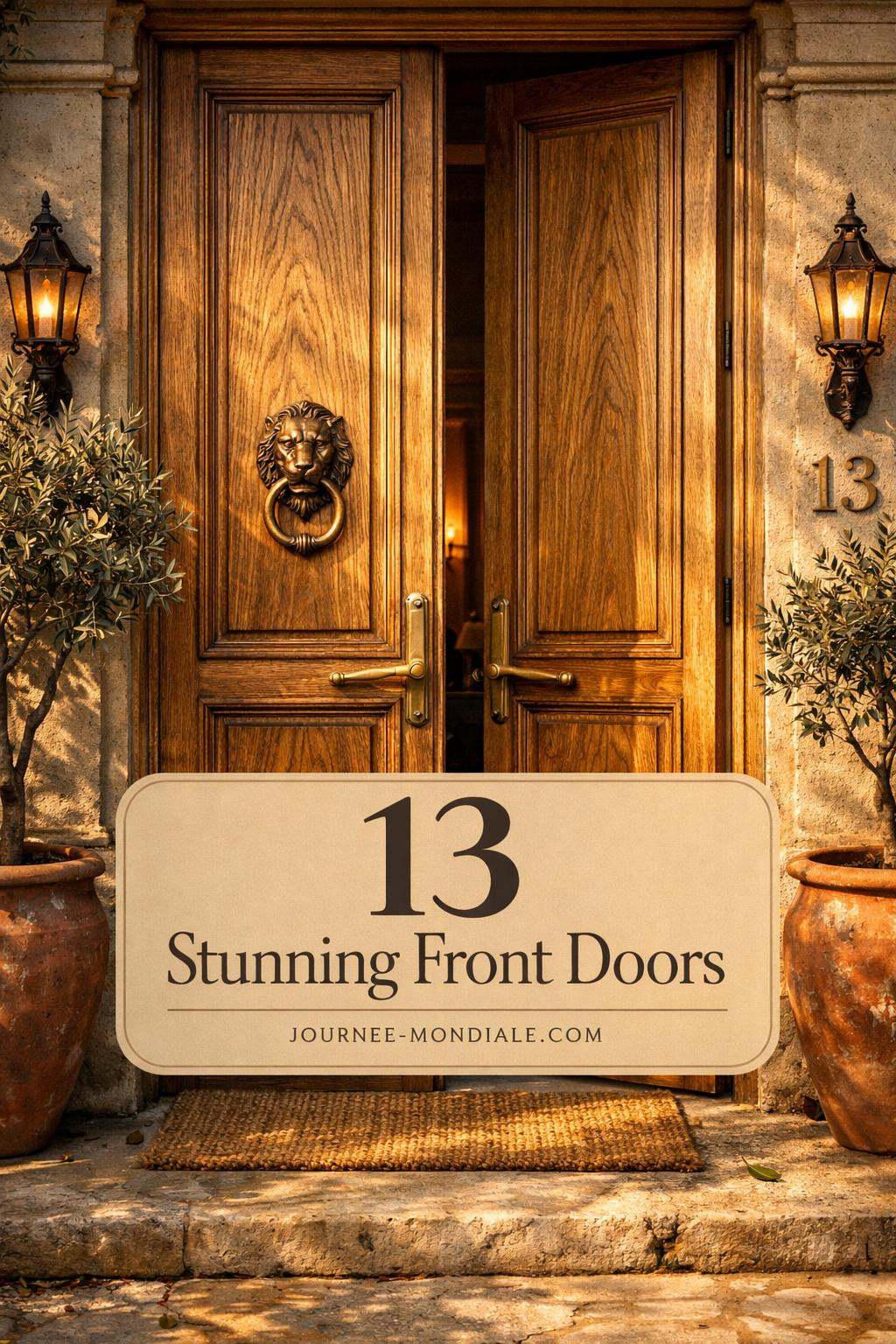 European oak double front doors with cathedral grain, unlacquered brass lion knocker, limestone threshold, terracotta planters