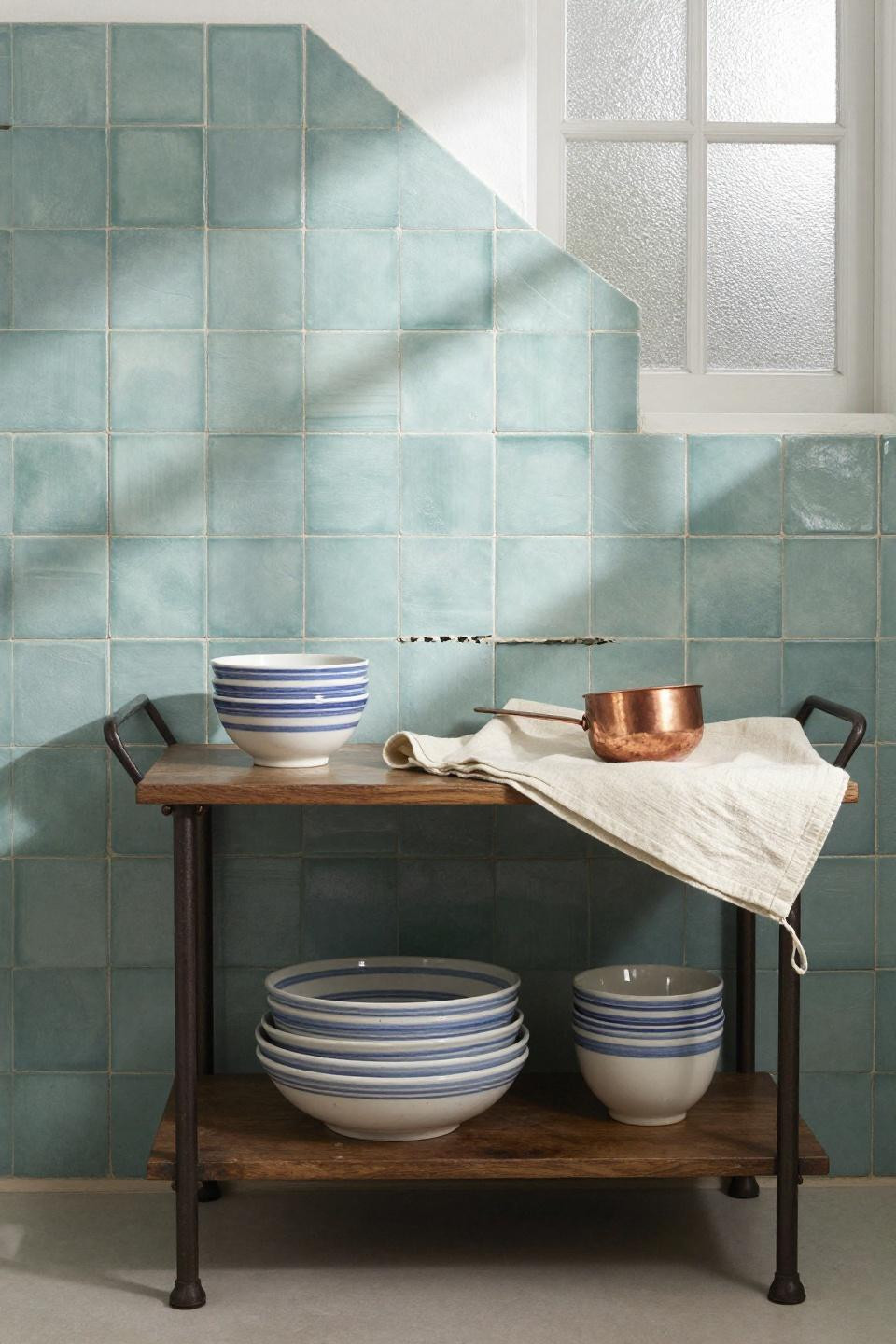cozy kitchen - dusty blue-green zellige cement tiles in geometric mosaic