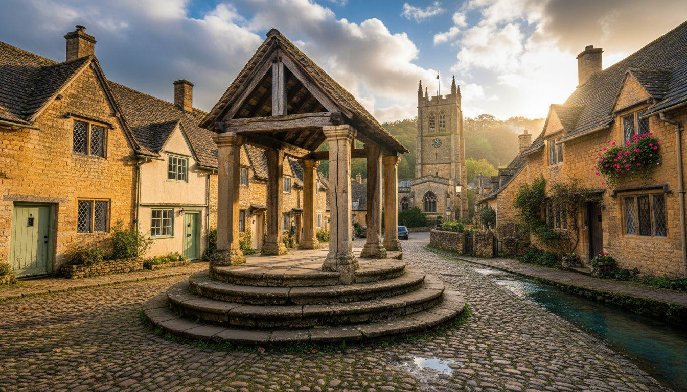 This Cotswold village keeps a roofed market cross from 1380 where golden stone meets medieval timber