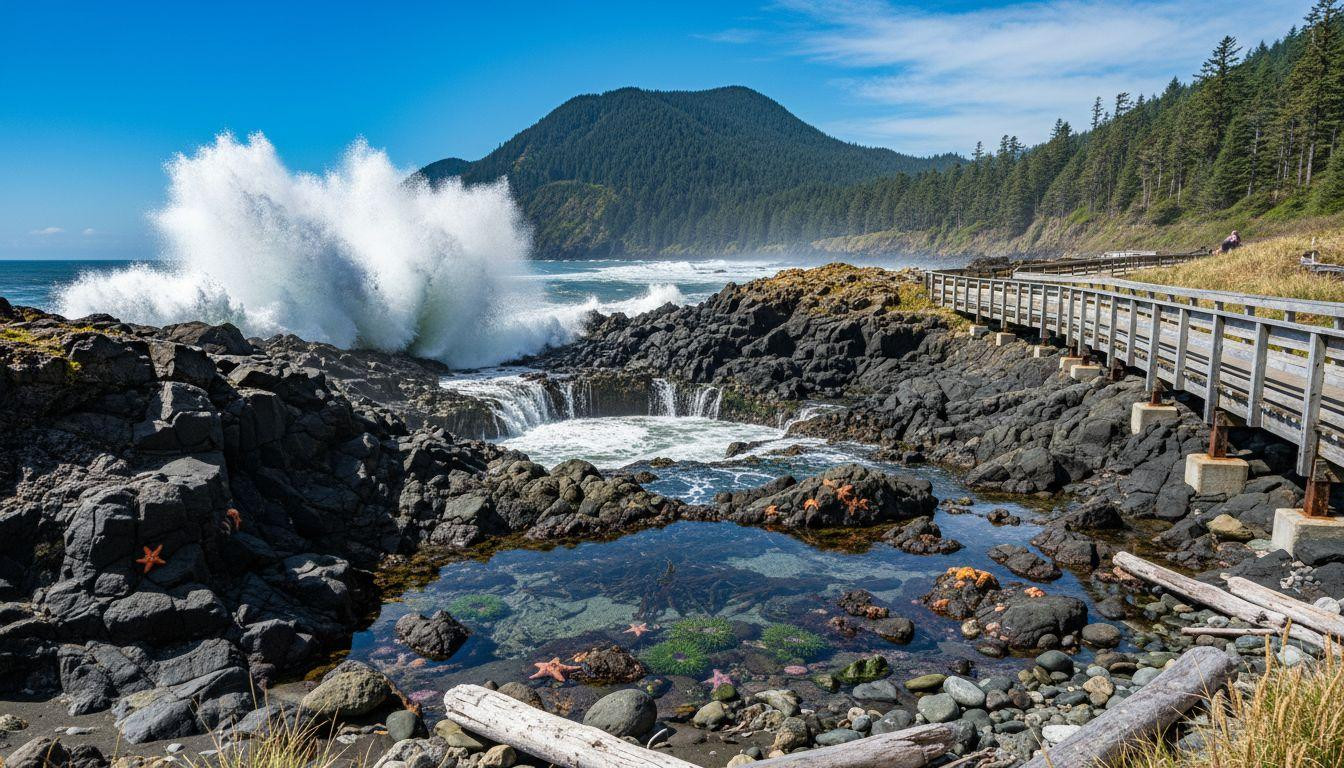 Salt spray hits basalt cliffs where Yachats keeps Oregon's coast wild