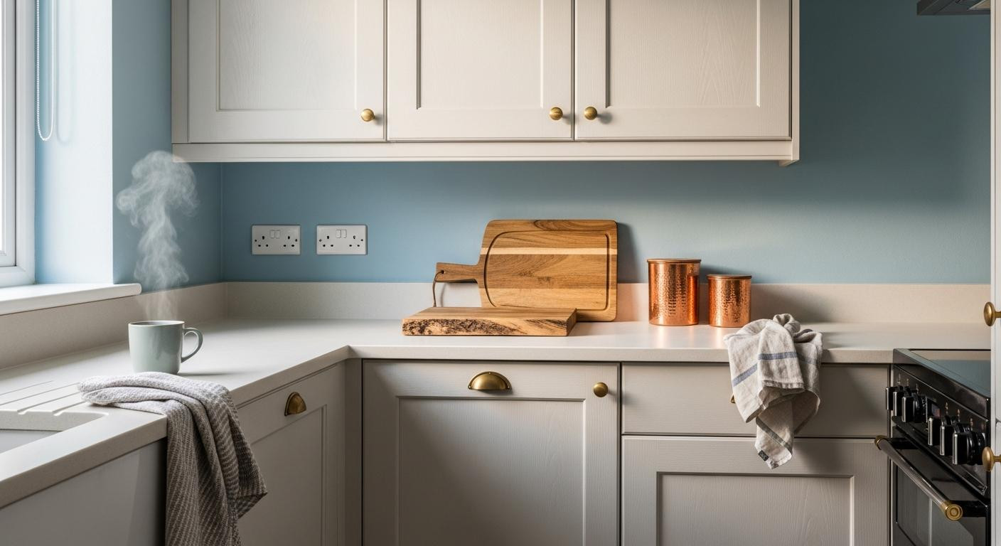 I swapped white for this cozy blue and my kitchen feels warmer