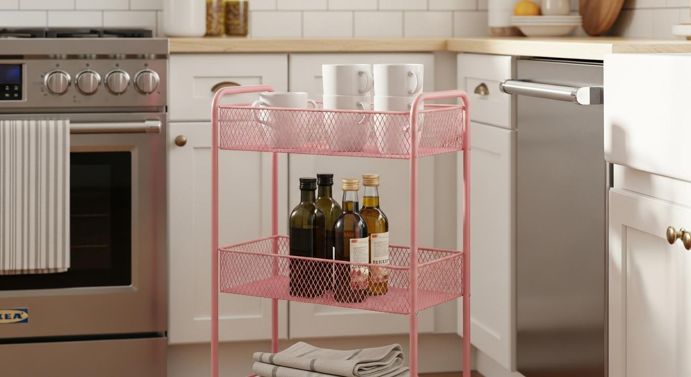 IKEA's $30 pink cart works in my kitchen, bathroom, and bedroom (I only bought it once)