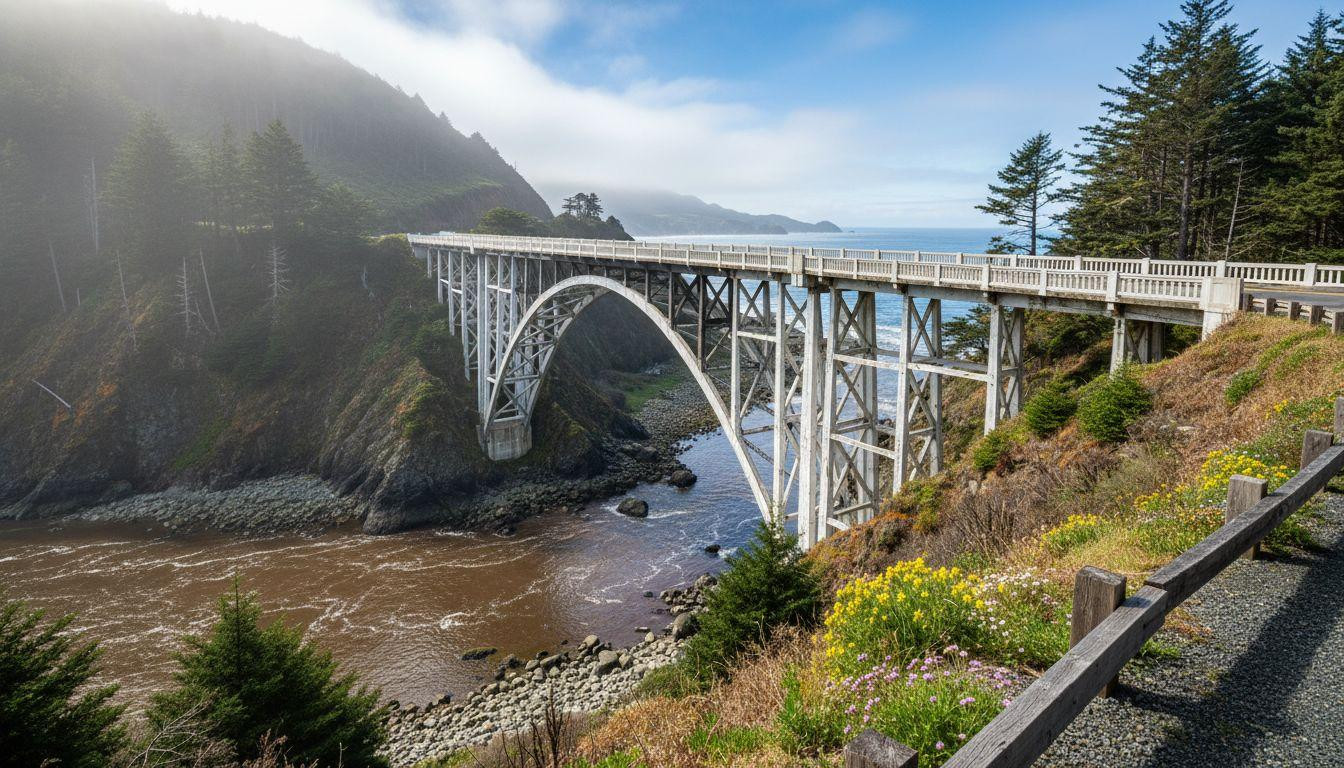 This 1944 wooden bridge arcs over fog where river meets Pacific