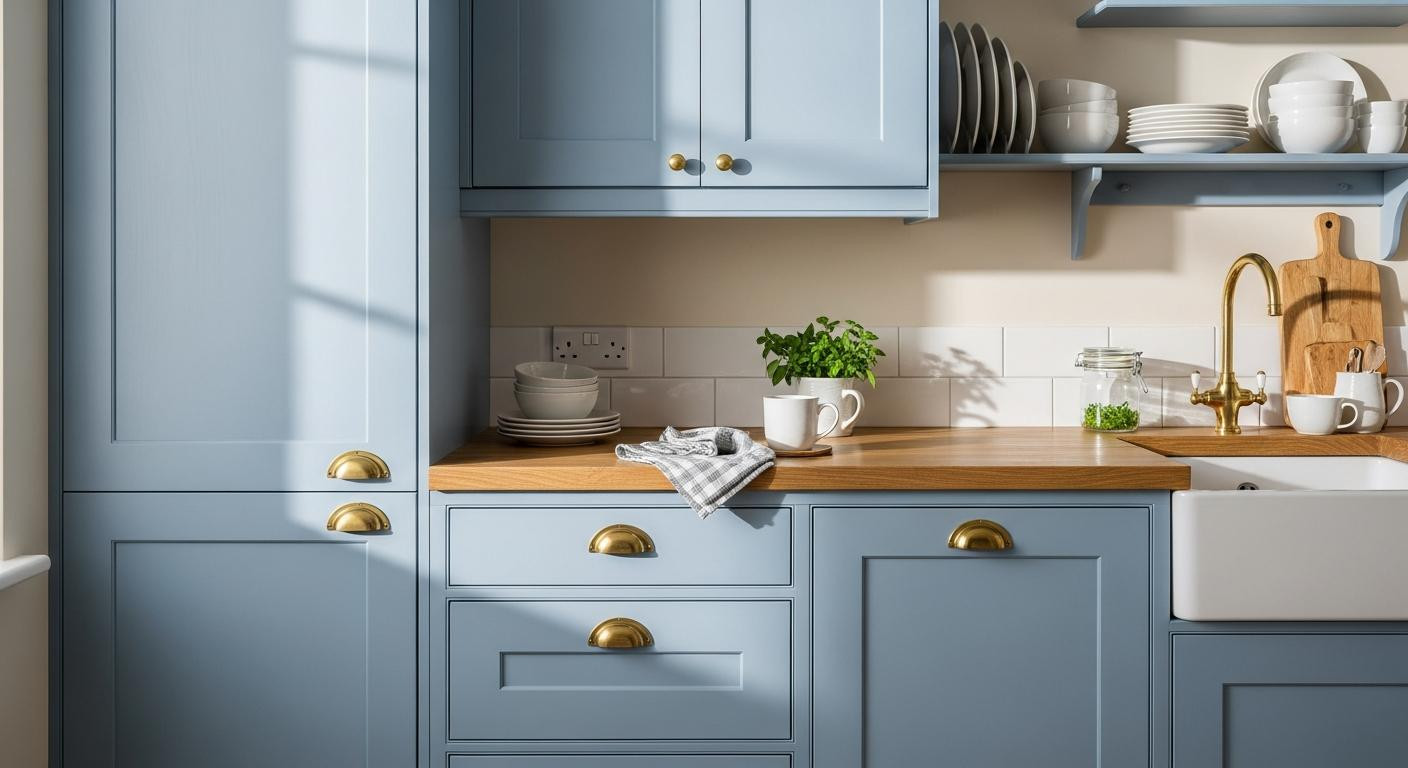 I swapped white for this cozy blue and my kitchen feels warmer