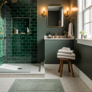 This once-dim bathroom is now a moody deep green dream