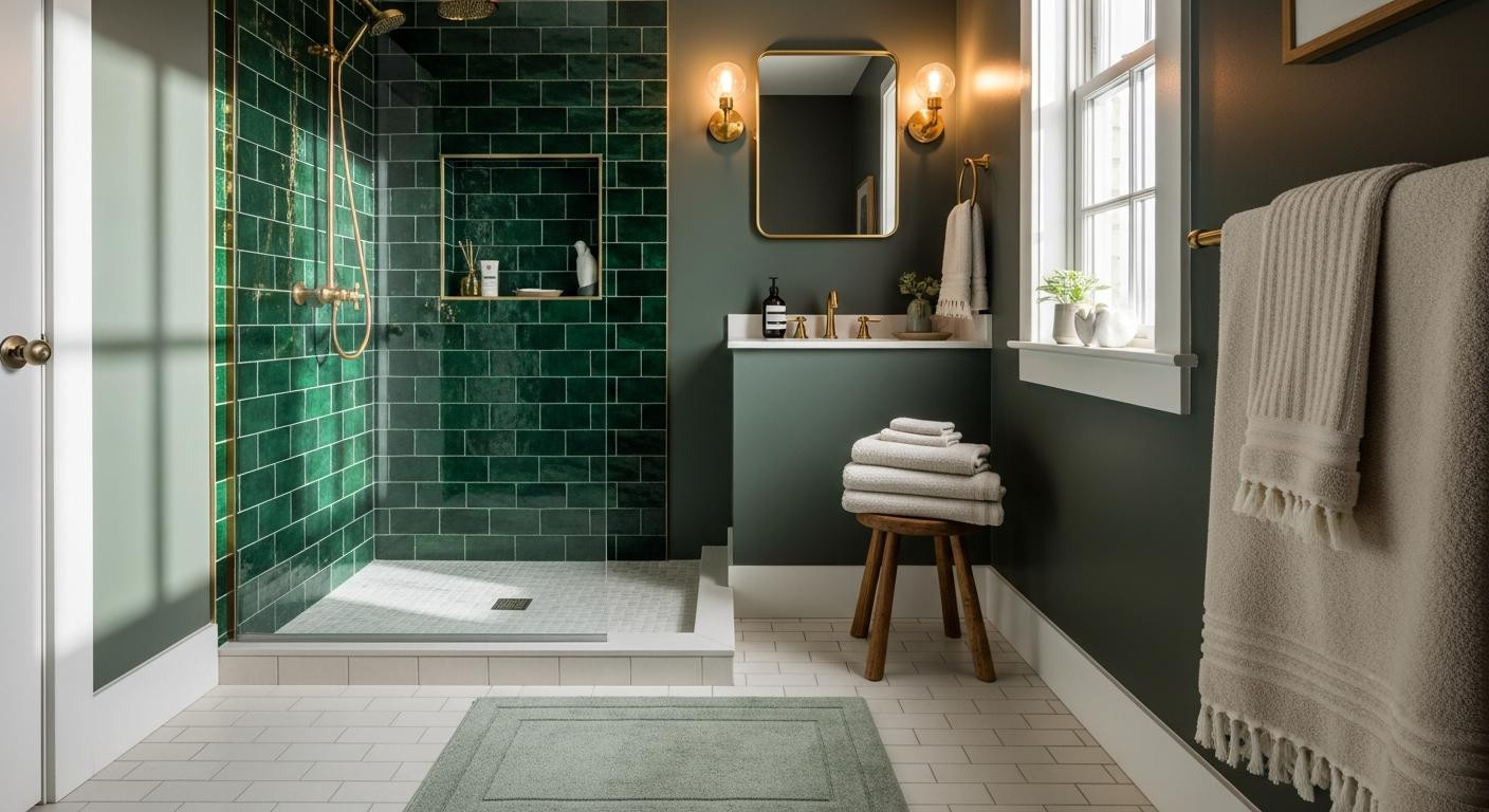 This once-dim bathroom is now a moody deep green dream