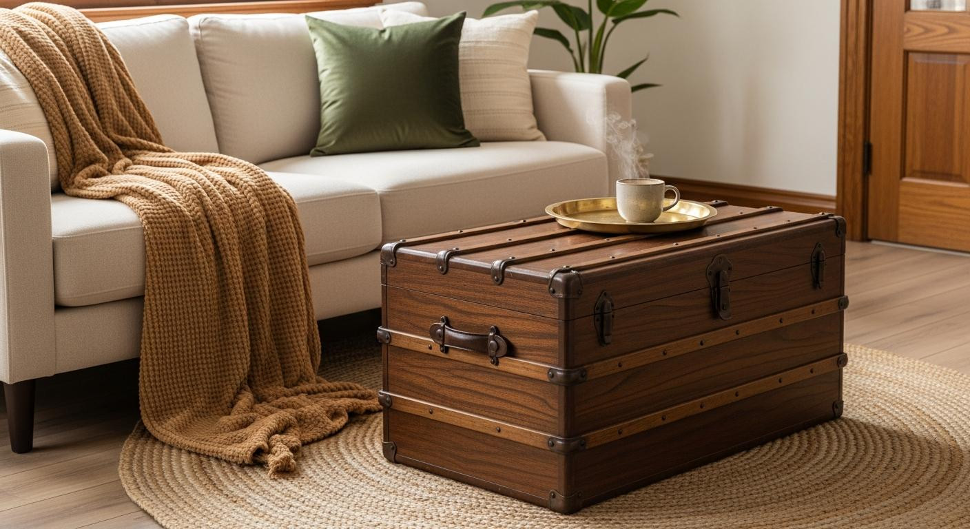 The wood trunk coffee table that turns sterile rentals into nostalgic craftsman retreats