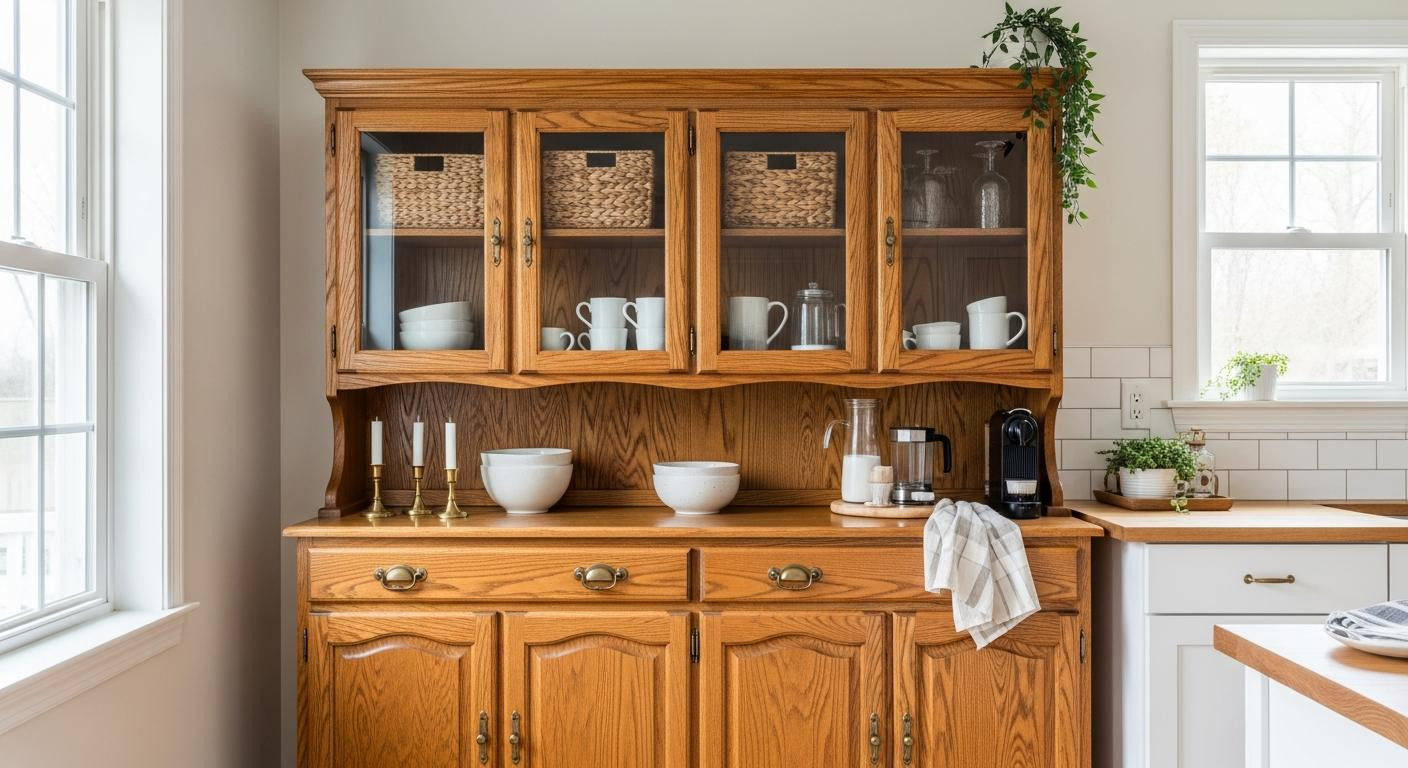 This thrifted hutch solved my counter clutter, cabinet overflow, and rental kitchen coldness