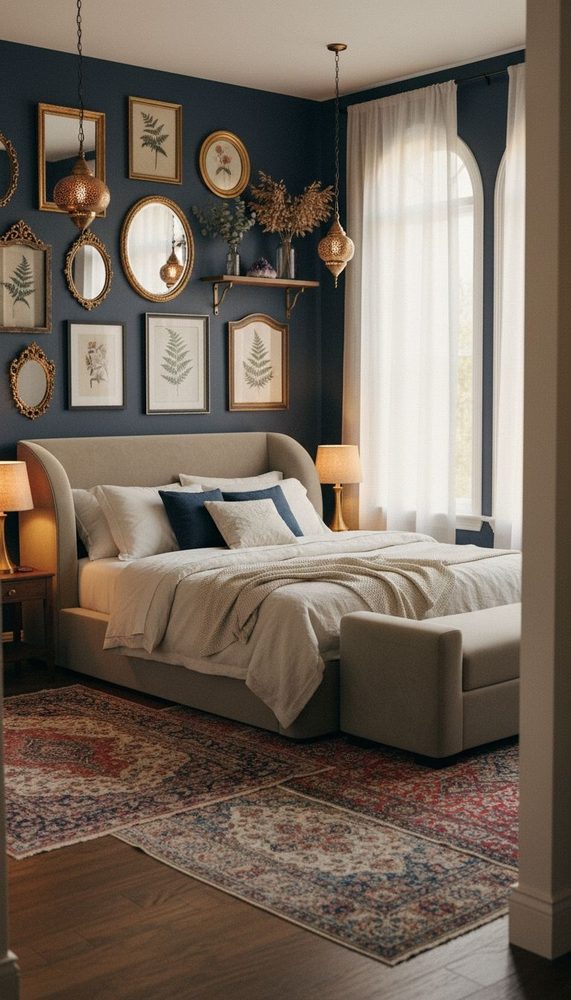 Navy blue bedroom with gold-framed botanical prints above gray upholstered bed on patterned rug