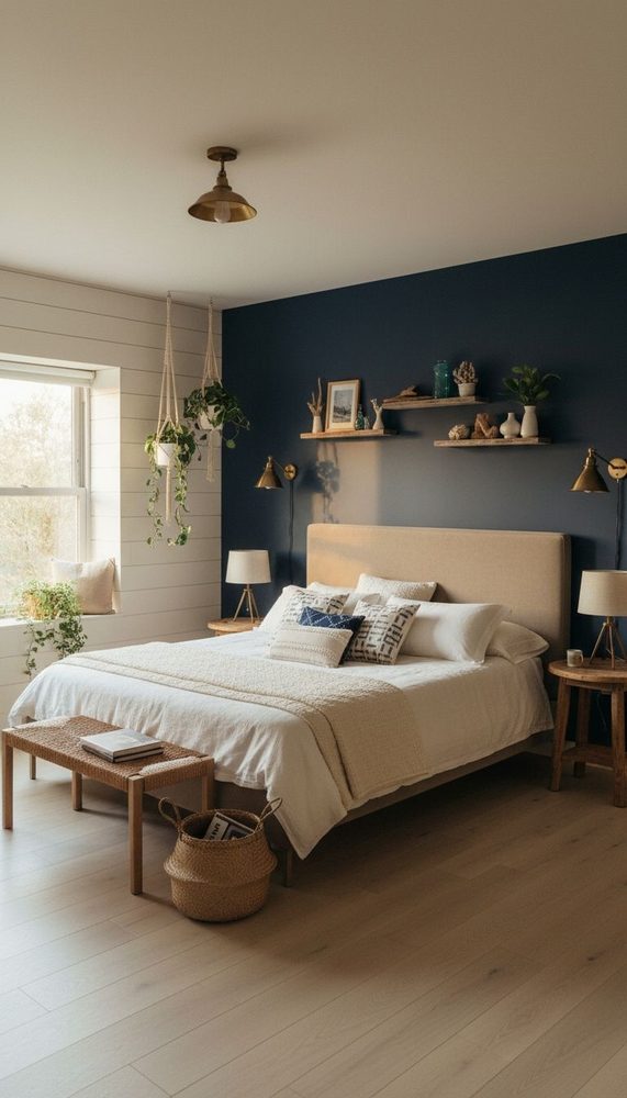 Navy blue accent wall with brass sconces, neutral upholstered bed, floating wood shelves, and hanging plants