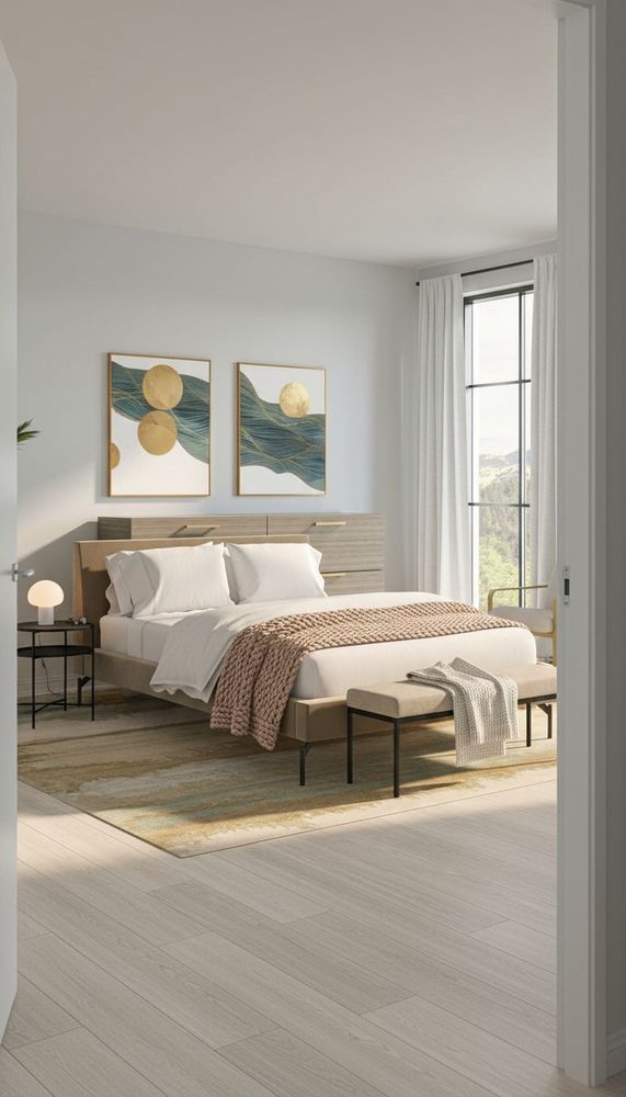 Modern bedroom with wood bed frame abstract artwork grey walls white bedding