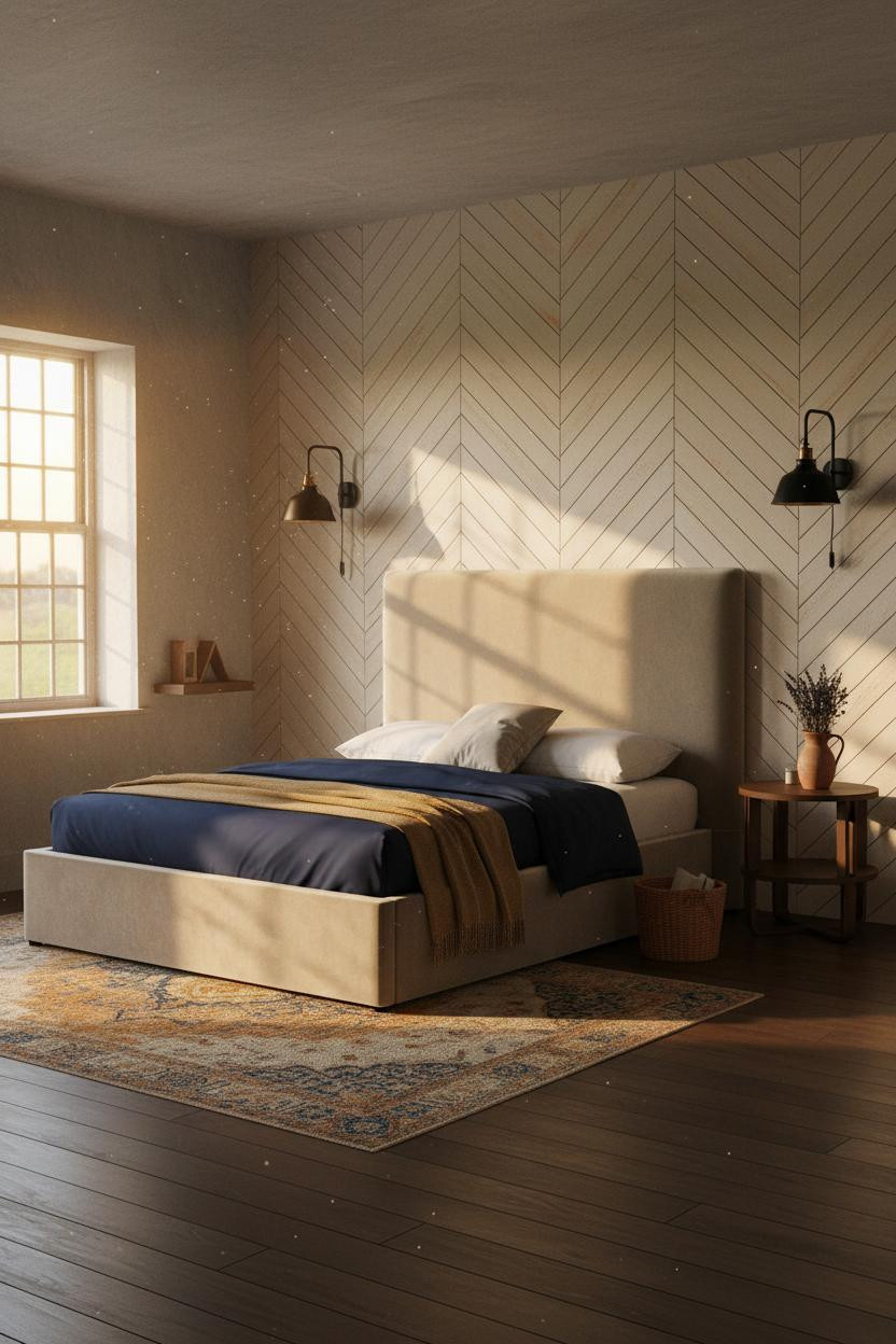 Antique Farmhouse Bedroom Herringbone Paneling
