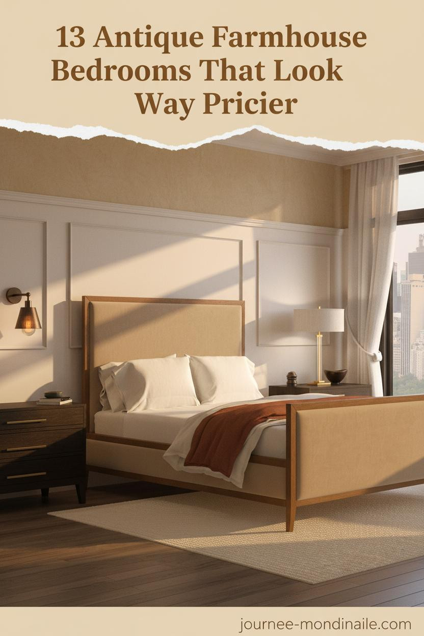 Antique farmhouse bedroom with board-and-batten wainscoting, oatmeal linen bedding, reclaimed oak floors, and warm amber sconce lighting