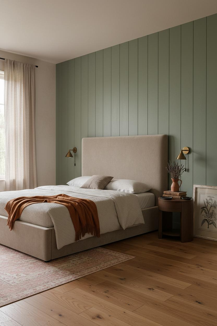 Antique Farmhouse Bedroom Sage Paneling Vintage