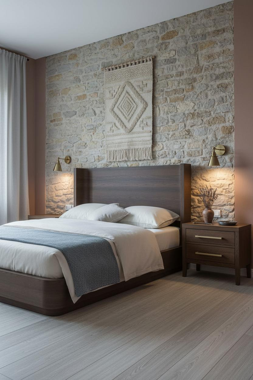 Antique Farmhouse Bedroom Stone Accent Wall