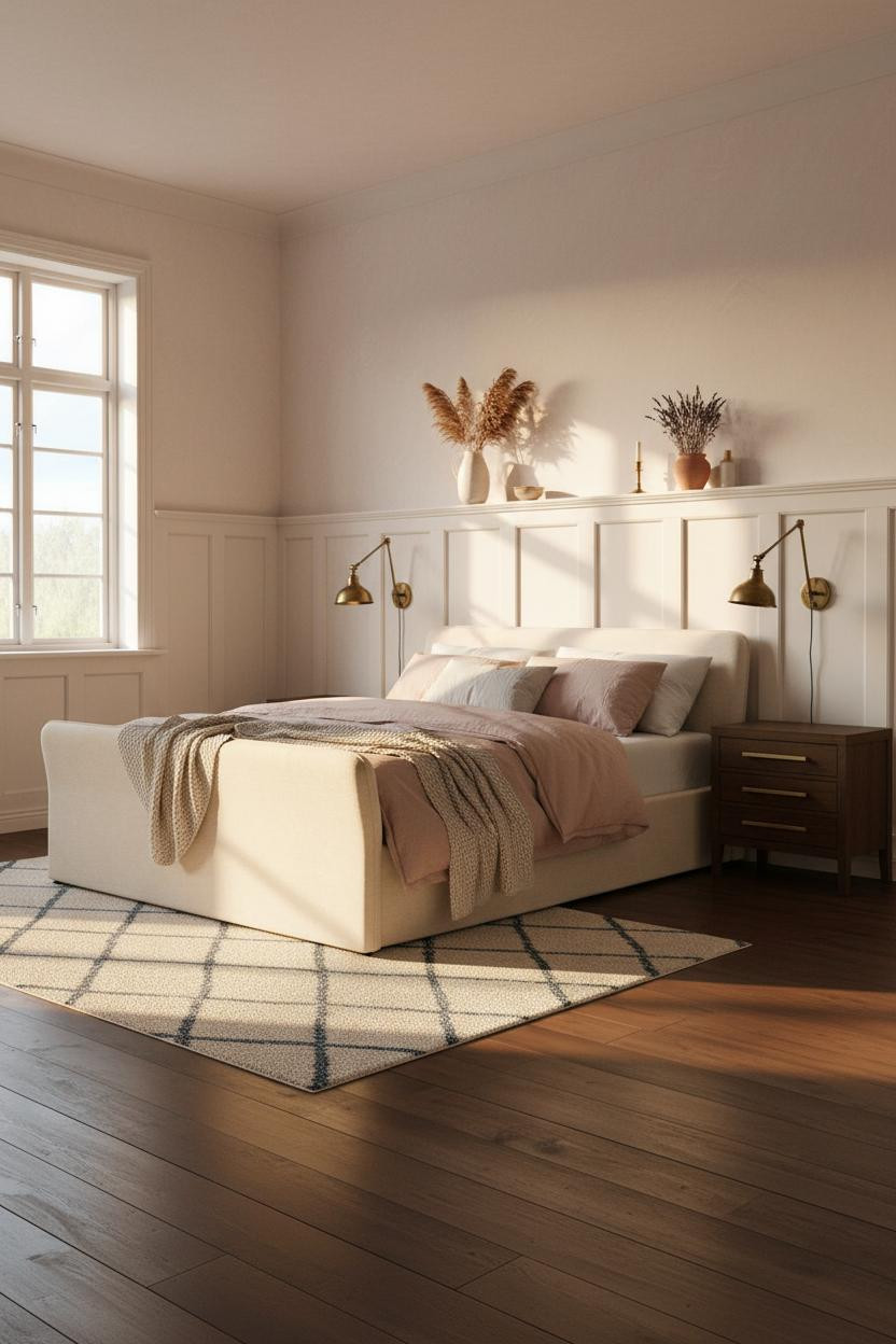 Antique Farmhouse Bedroom Wainscoting Brass